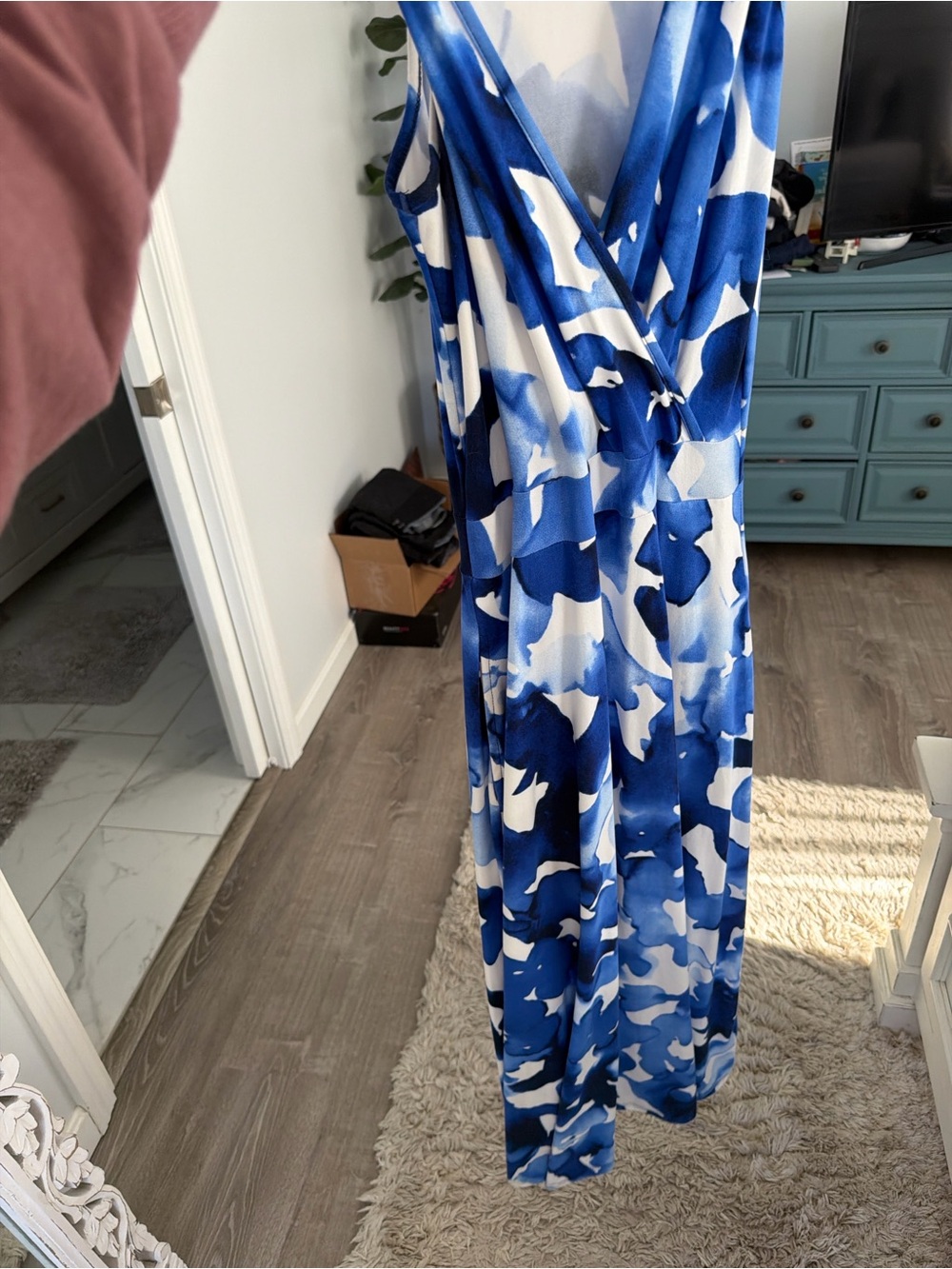 Blue & White Abstract Print Maxi Dress